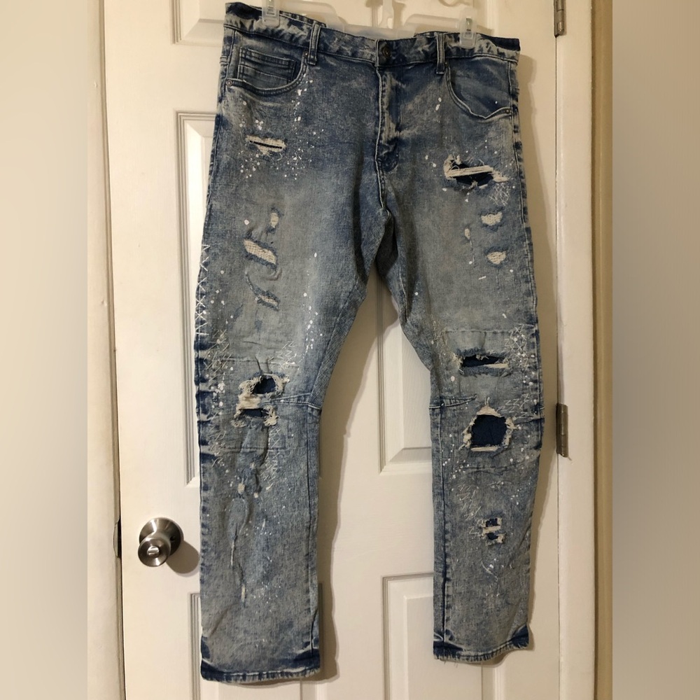 Smoke Rise Distressed Stonewashed Stretchy Paint Splatter Men's Jeans 42/32